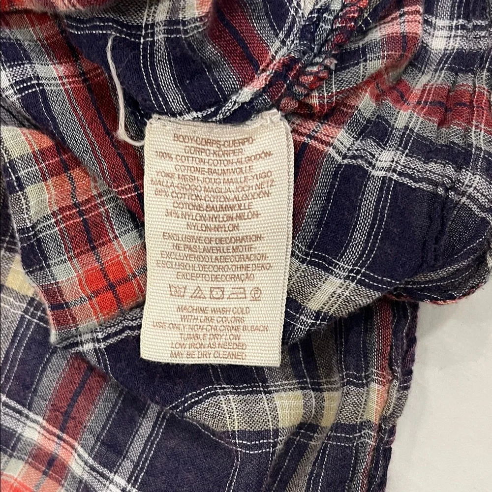 Free People Floral Lace Insert Plaid Cotton Top Long Sleeve Women's Size S - Picture 3 of 6